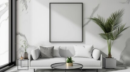Frame mockup. Home living room interior with sofa, white marble wall poster frame. 3D render