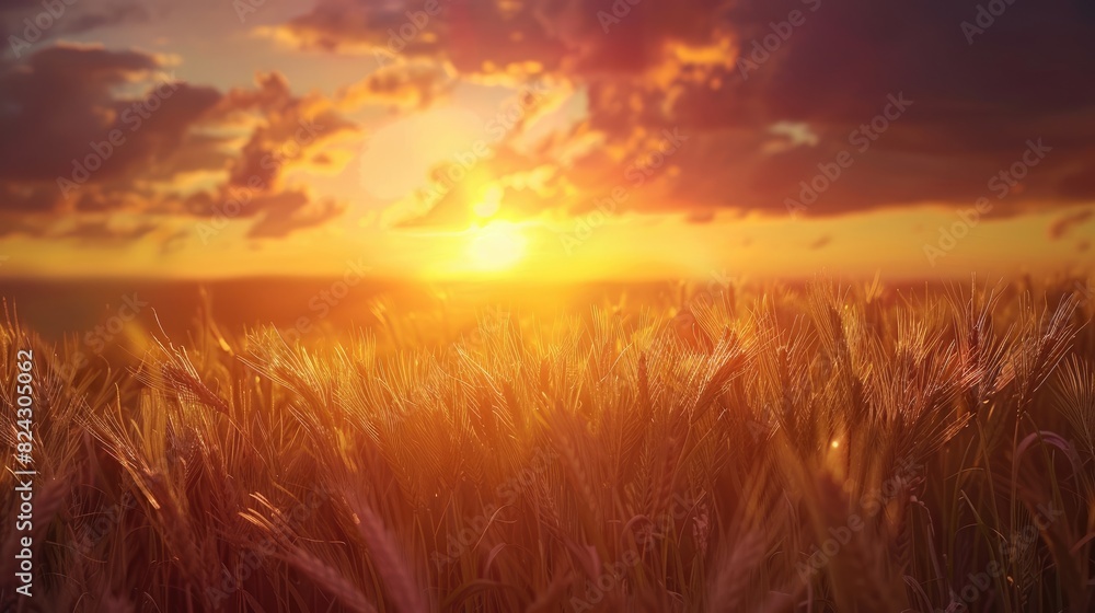 Wall mural Rural Golden Sunset Stunning Sunset View of a Wheat Field with Growing Wheat Ears - Wall murals