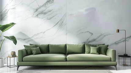 Modern home room interior with sofa against white marble wall background