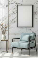 Frame mockup. Home room interior with light blue chair, white marble wall poster frame. 3D render
