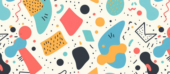Seamless pattern with colorful hand drawn shapes and doodles, flat vector illustration in the style of playful cartoon illustrations