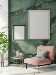 Frame mockup. Home room interior with light pink chair, white marble wall poster frame. 3D render