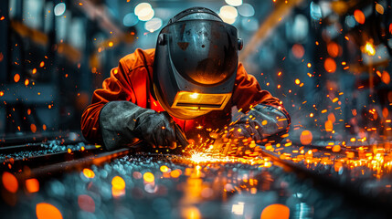 Skilled Welder Working in Industrial Factory at Night With Sparks Flying. Welder wearing protective gear intently works on metal in industrial factory at night, with bright sparks flying around them.