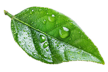Citrus Lemon leaf with drops isolated on white background.  Green flying leaves wave. Organic cosmetic background. Natural herbal tea. Vegan, eco, bio design element. Leaf falling. Summer foliage. 