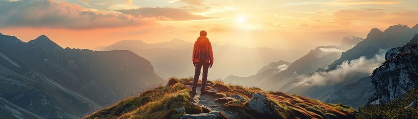 Obraz premium The image shows a person standing on a mountaintop, looking out at a vast landscape