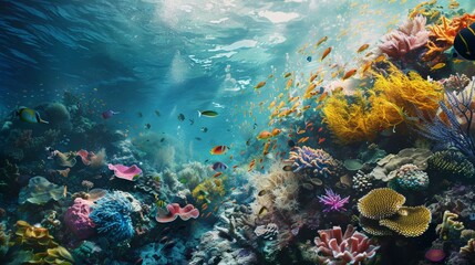 Obraz premium A close-up photo of a vibrant coral reef, teeming with colorful marine life.