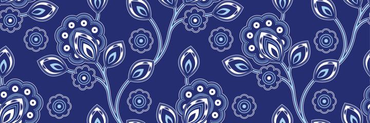 abstract african flower and floral pattern with graceful leafy branches on yellow background, ethnic textile art, fashion artwork for fabric printing on stylish clothing