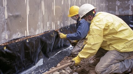 Two workers wearing protective gear and masks apply a tarbased waterproofing membrane to the exposed concrete foundation of a residential home.