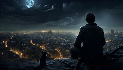 Fototapeta premium Nocturnal Reverie A Man Gazes at the Moon over the City's Landscape