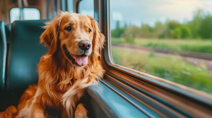 A Golden Retriever happily sitting on a train, looking out the window, enjoying the scenic journey through the countryside