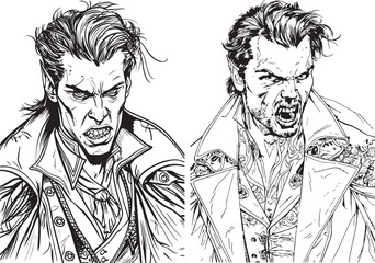 Fierce Vampire Lords, Detailed Line Art of Ferocious and Sinister Dracula Figures