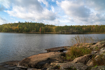 View from the shore of Lake Ladoga near the village of Lumivaara on a sunny autumn day, Ladoga skerries, Lahdenpohya, Republic of Karelia, Russia