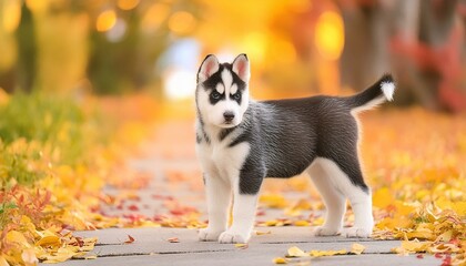 a black and white husky puppy standing on a path, autumn , bokeh,sibérien, chien, husky, animal, animal de compagnie, portrait, blanc, race, canidae, animal, 