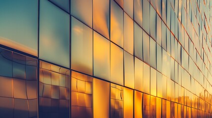 An ultra-modern exterior wall of a building featuring a geometric pattern of glass and steel, reflecting the golden hues of a sunset. 32k, full ultra hd, high resolution