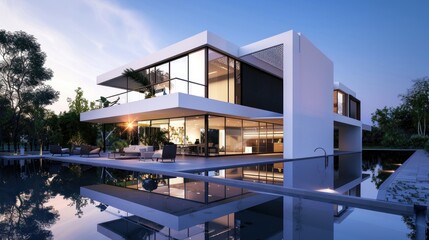 Fototapeta premium beautiful modern white luxury house with swimming pool at night