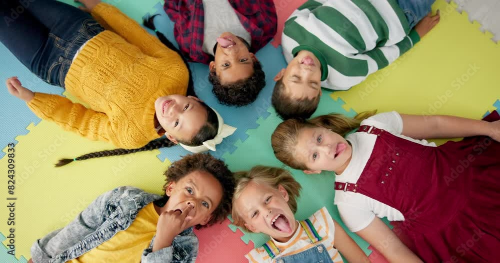 Poster children, relax and circle on mat in school with funny faces top view for relax, fun and classroom. 