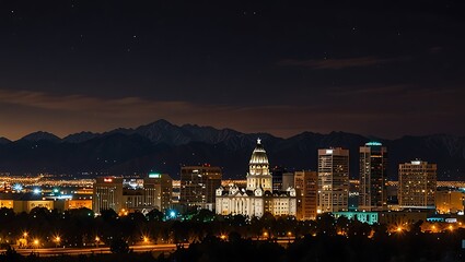 Fototapeta premium night view of a city with a mountain backdrop.