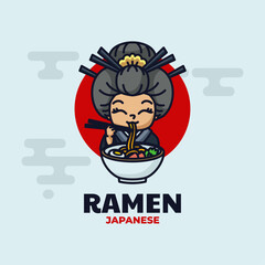 Vector Logo Illustration Ramen Girl Mascot Cartoon Style.