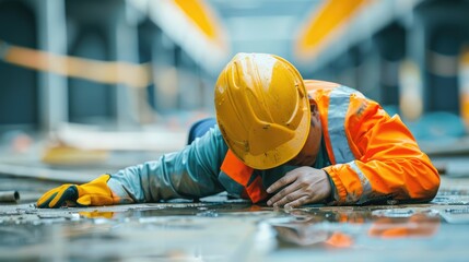 Construction worker lying on the wet floor after falling from height. He is wearing a hard hat and a safety vest. The photo is taken from a low angle. AIG535 - Powered by Adobe
