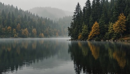 Fototapeta premium lake in the morning with a heavy fog on the water