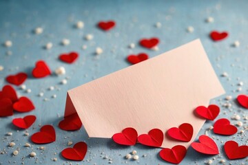 Valentine's day romantic concept with small red hearts scattered on blue background