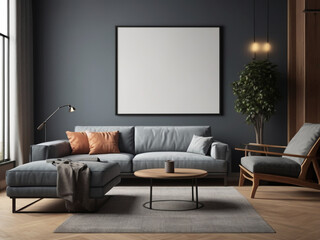 Mockup poster frame on the wall of living room. Luxurious apartment background.