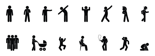 stick figure man icon, human silhouettes icon set, stickman pictogram