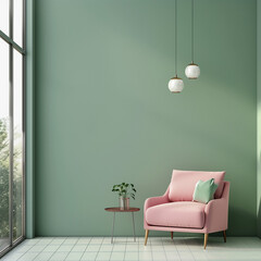 Home interior with pink armchair and sofa on empty green wall background,Minimal room- 3D rendering