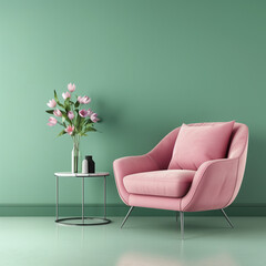 Home interior with pink armchair and sofa on empty green wall background,Minimal room- 3D rendering