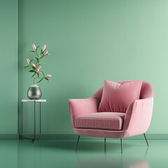 Home interior with pink armchair and sofa on empty green wall background,Minimal room- 3D rendering