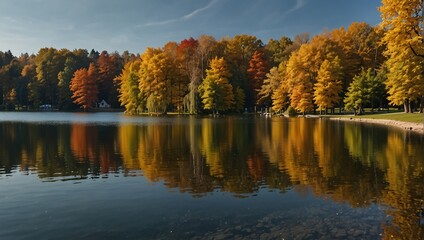 Obraz premium lake on an autumn day, surrounded by trees