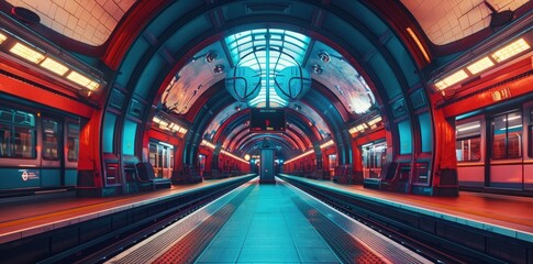 A wide shot of the interior of an old London tube station, retro red and blue color scheme, art...