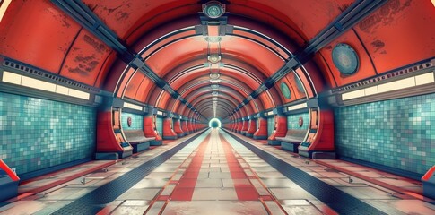 A wide shot of the interior of an old London tube station, retro red and blue color scheme, art...