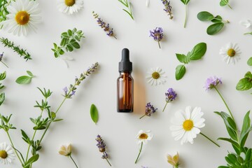 Sleek Essential Oil Bottle with Dropper and Fresh Herbs on White Background