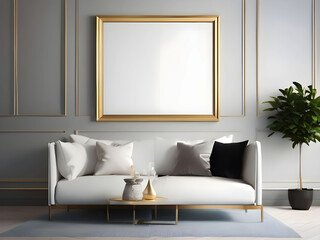 Mockup poster frame on the wall of living room. Luxurious apartment background with contemporary design. Modern interior design. 3D render