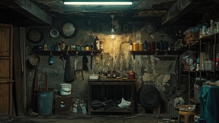 commercial photo, close-up, basement items, bottom view, soft light