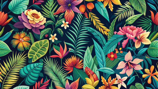 Seamless pattern of vibrant tropical leaves and exotic flowers, evoking the lushness of a tropical rainforest.