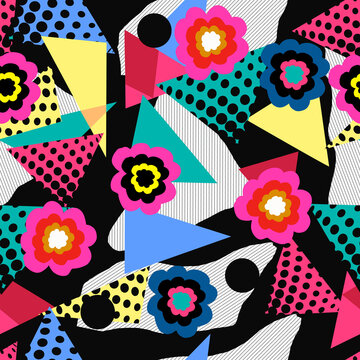Estampa sem emendas, com elementos digitais, flores, geom&eacute;tricos, pontos, colorido, vintage