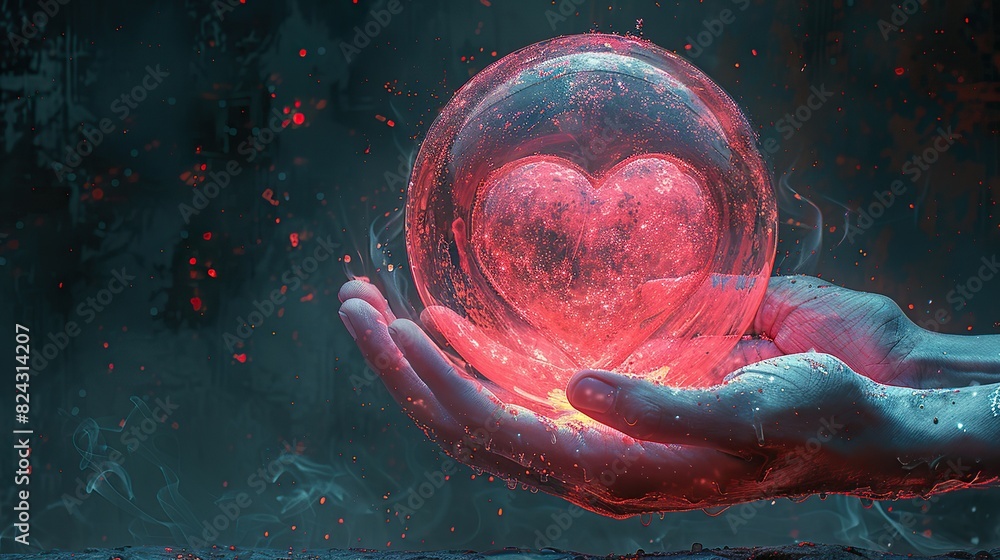Poster a conceptual drawing of hands creating a protective bubble around a heart. stock image