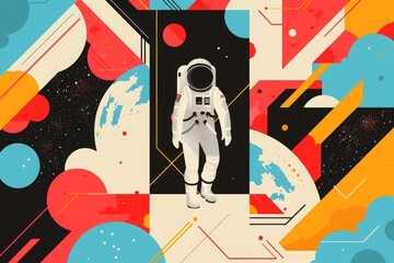 Abstract flat vector illustration of an astronaut walking through a door to another world, with geometric shapes and lines in a colorful style.