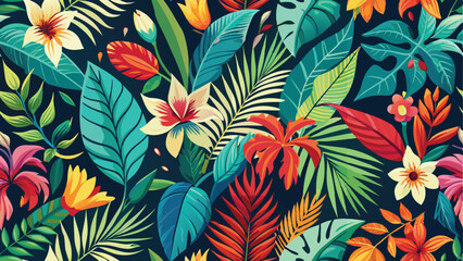 Seamless pattern of vibrant tropical leaves and exotic flowers, evoking the lushness of a tropical rainforest.