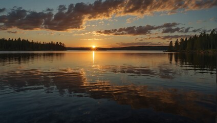 Obraz premium sunset over a lake. The sky is a gradient of orange, yellow, pink, and blue, with dark clouds