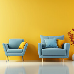 Home interior with blue armchair and sofa on empty yellow wall background,Minimal room- 3D rendering