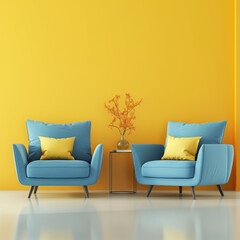 Home interior with blue armchair and sofa on empty yellow wall background,Minimal room- 3D rendering
