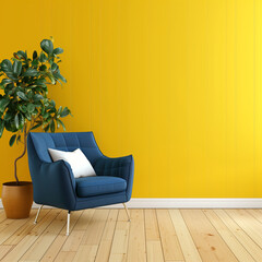 Home interior with blue armchair and sofa on empty yellow wall background,Minimal room- 3D rendering