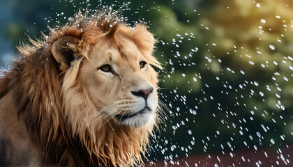  a surreal artwork where a powerful lion is composed of intricate water droplets, highlighting the texture and flow of water