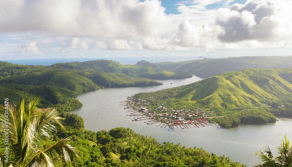 Wall mural Picturesque Samar: Village on Green Hills by the River