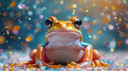 Cute frog Symbol of the day in the leap year, celebrating the frog jumping event, on a festive background with confetti