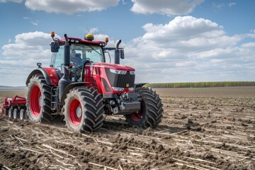 Modern tractor working on a vast agricultural field