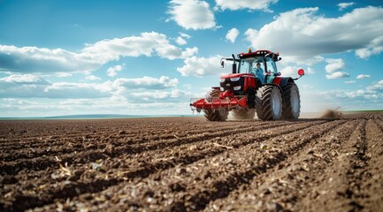 Fototapeta premium Modern tractor working on a vast agricultural field